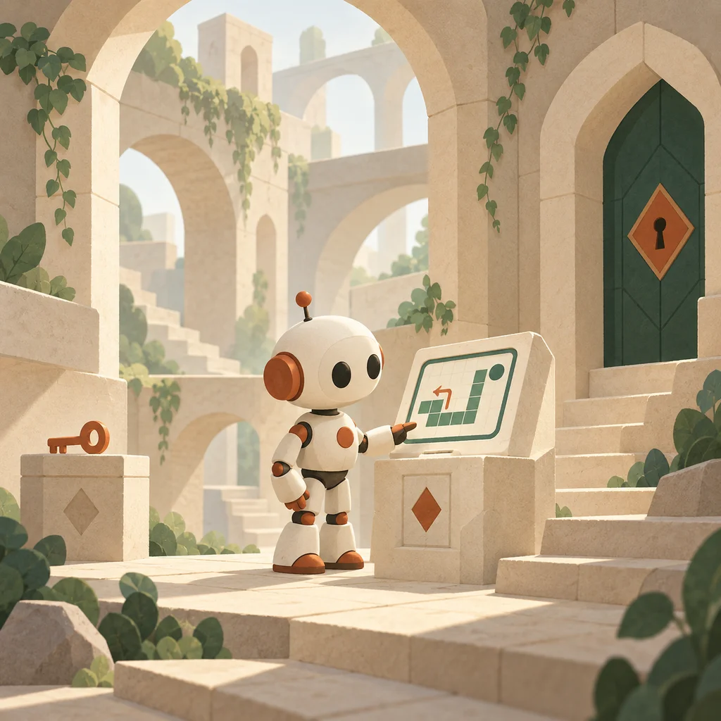 An ivory robot solves a path puzzle at a terminal in a warm stone dungeon